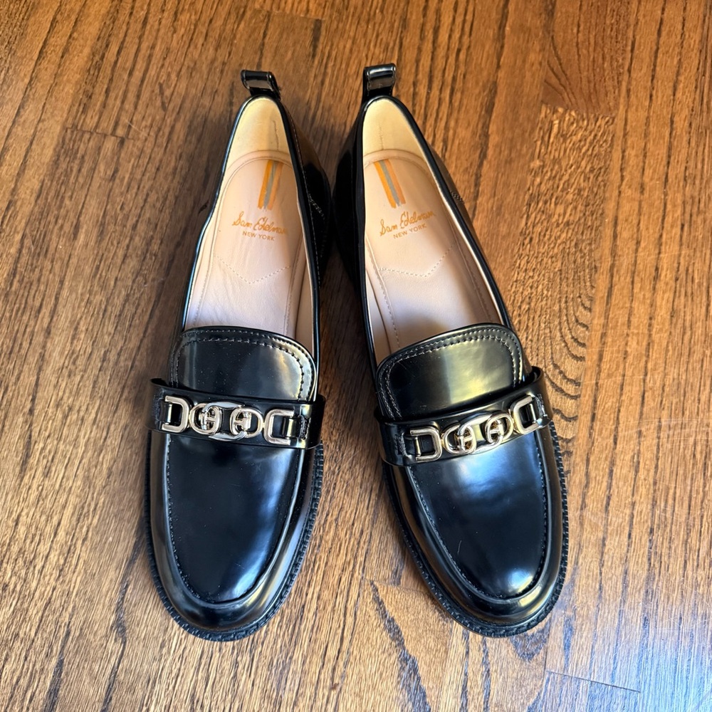 Sam Edelman Black Patent Loafers with Gold Chain Detail